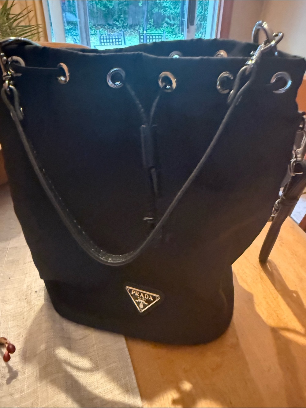 Prada Black Nylon Drawstring Bucket Shoulder Bag with Gold Logo - Picture 2 of 6